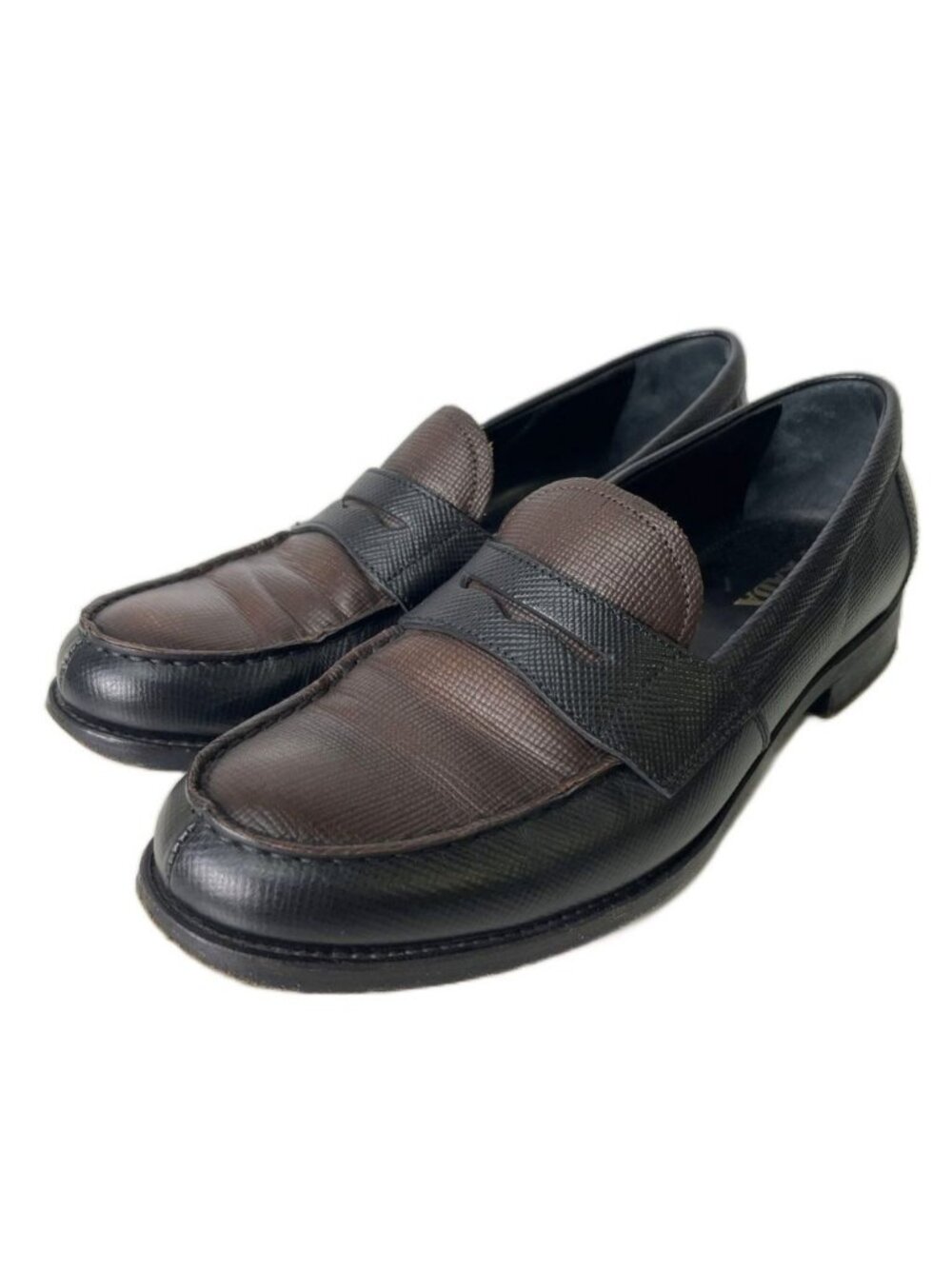 Prada Bicolor Coin Loafers Shoes Leather Brown Black